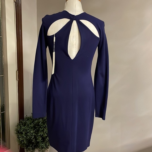 NWT HALSTON  HERITAGE cut out dress long sleeve fitted stretch midnight blue 4 - Picture 5 of 13